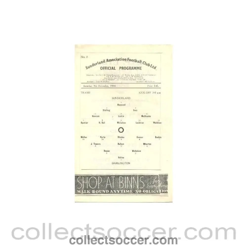 1944 - Sunderland v Darlington official programme 09/12/1944 - Collect Soccer