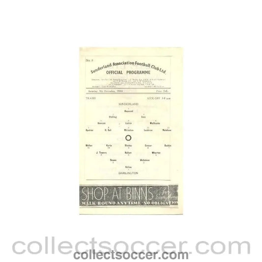 1944 - Sunderland v Darlington official programme 09/12/1944 - Collect Soccer