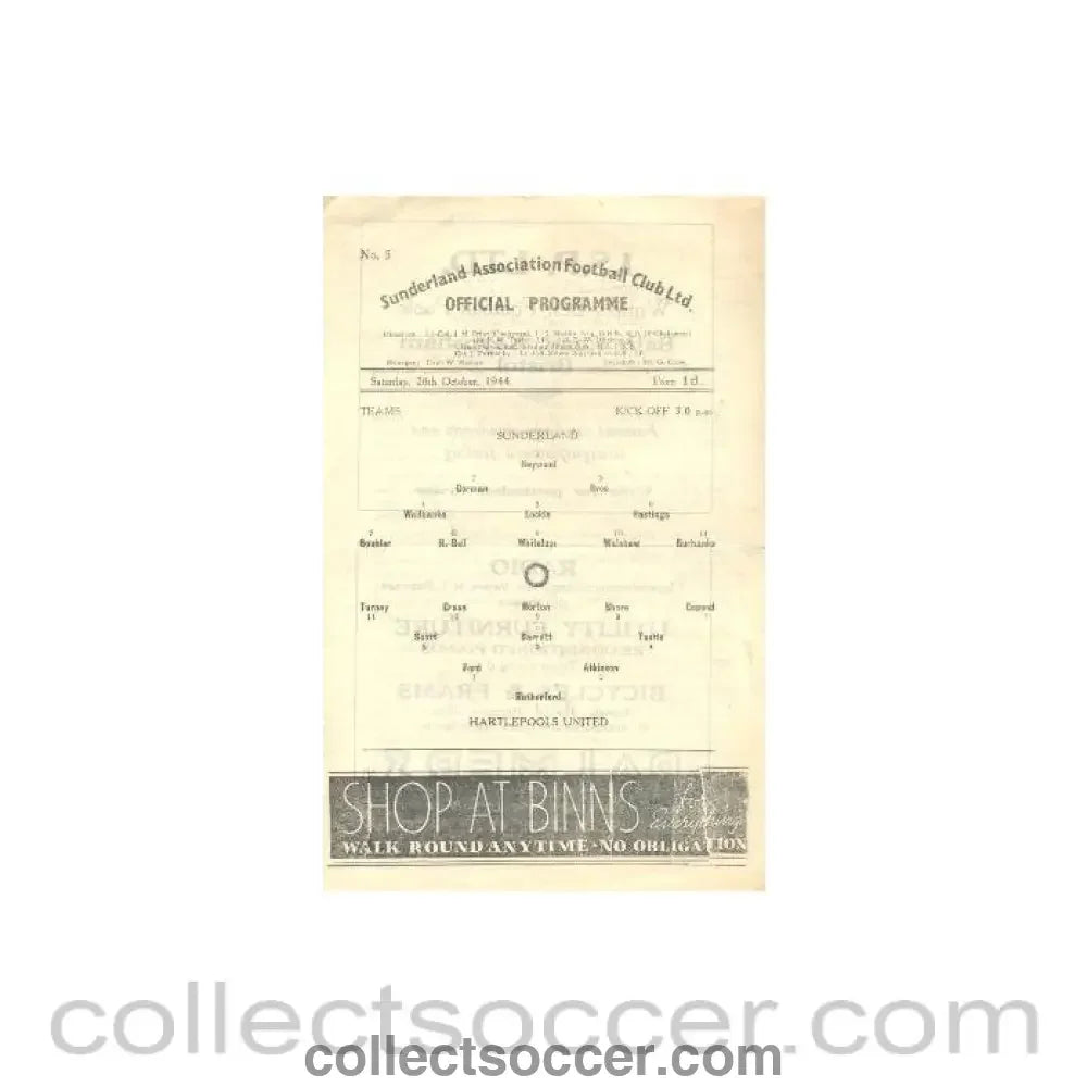 1944 - Sunderland v Hartlepools United official programme 28/10/1944