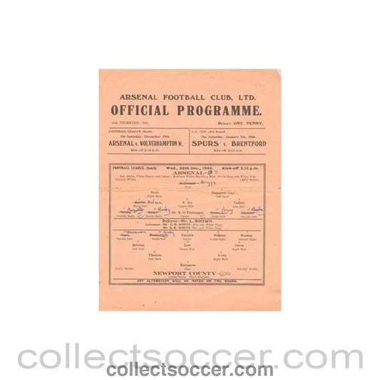 1945 - Arsenal v Newport County official programme 26/12/1945