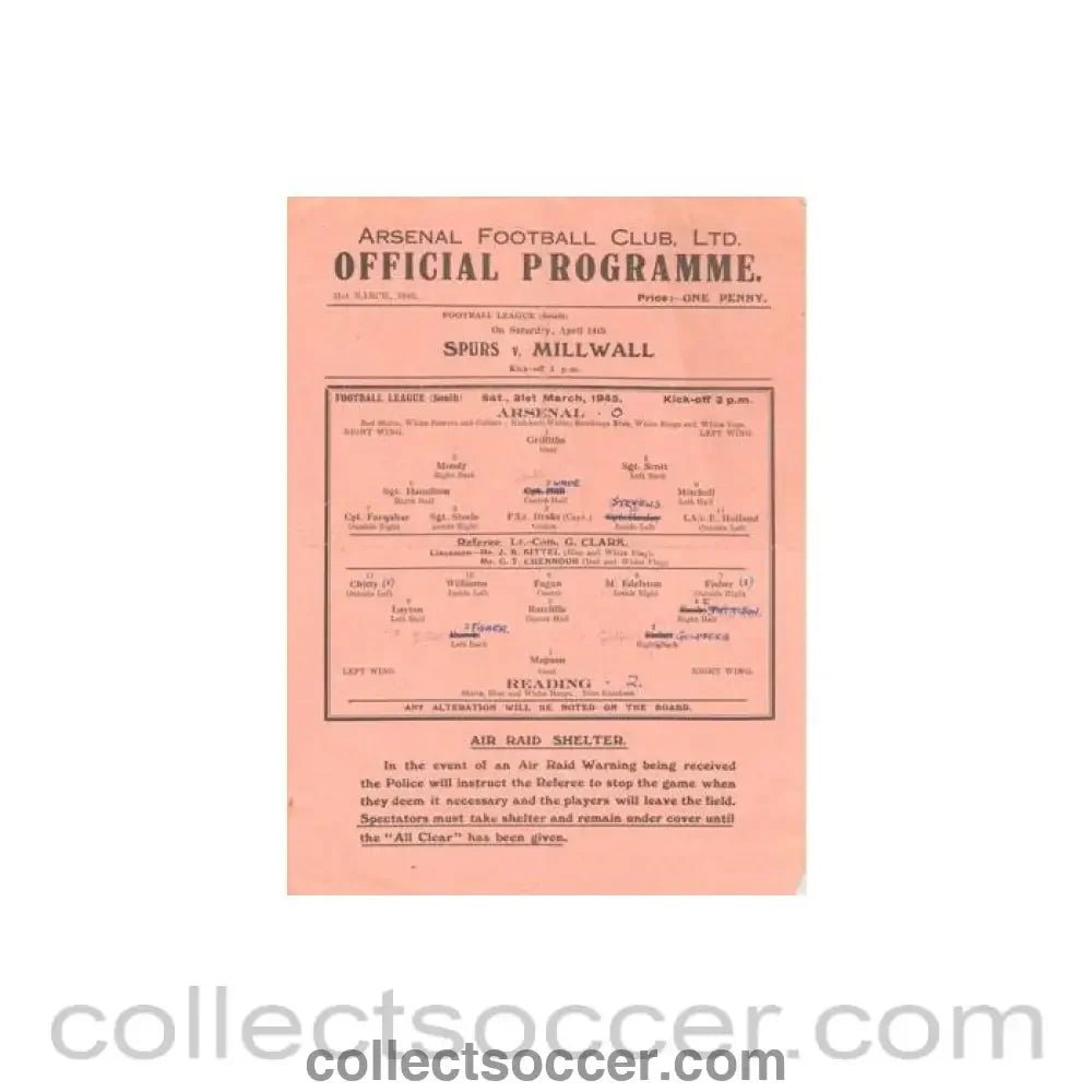 1945 - Arsenal v Reading official programme 31/03/1945 - Collect Soccer