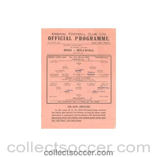 1945 - Arsenal v Reading official programme 31/03/1945