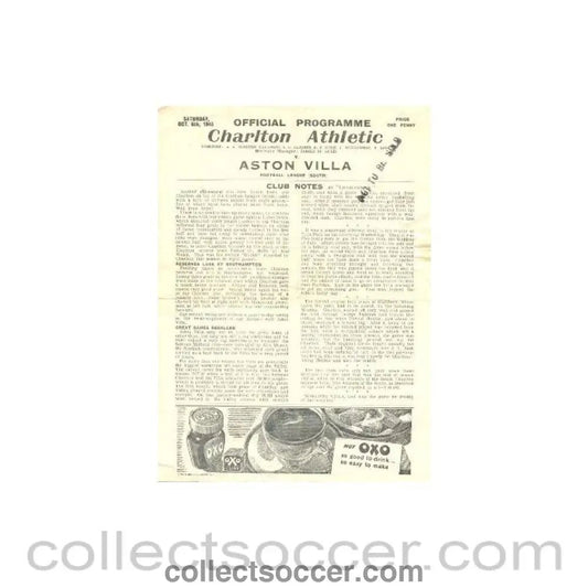 1945 - Charlton Athletic v Aston Villa official programme 06/10/1945 - Collect Soccer
