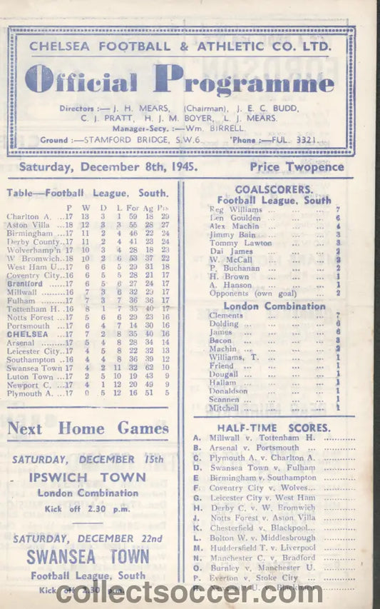 1945 Chelsea v Brentford Official Programme 8/12/1945