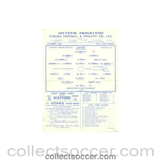 1945 - Chelsea v Brighton & Hove Albion official programme 21/04/1945 Football League original pasted on both sides of