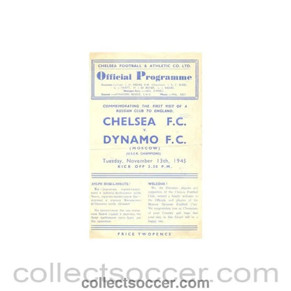 1945 - Chelsea v Dynamo Moscow official programme 13/11/1945 first Match after World War II, very rare - Collect Soccer