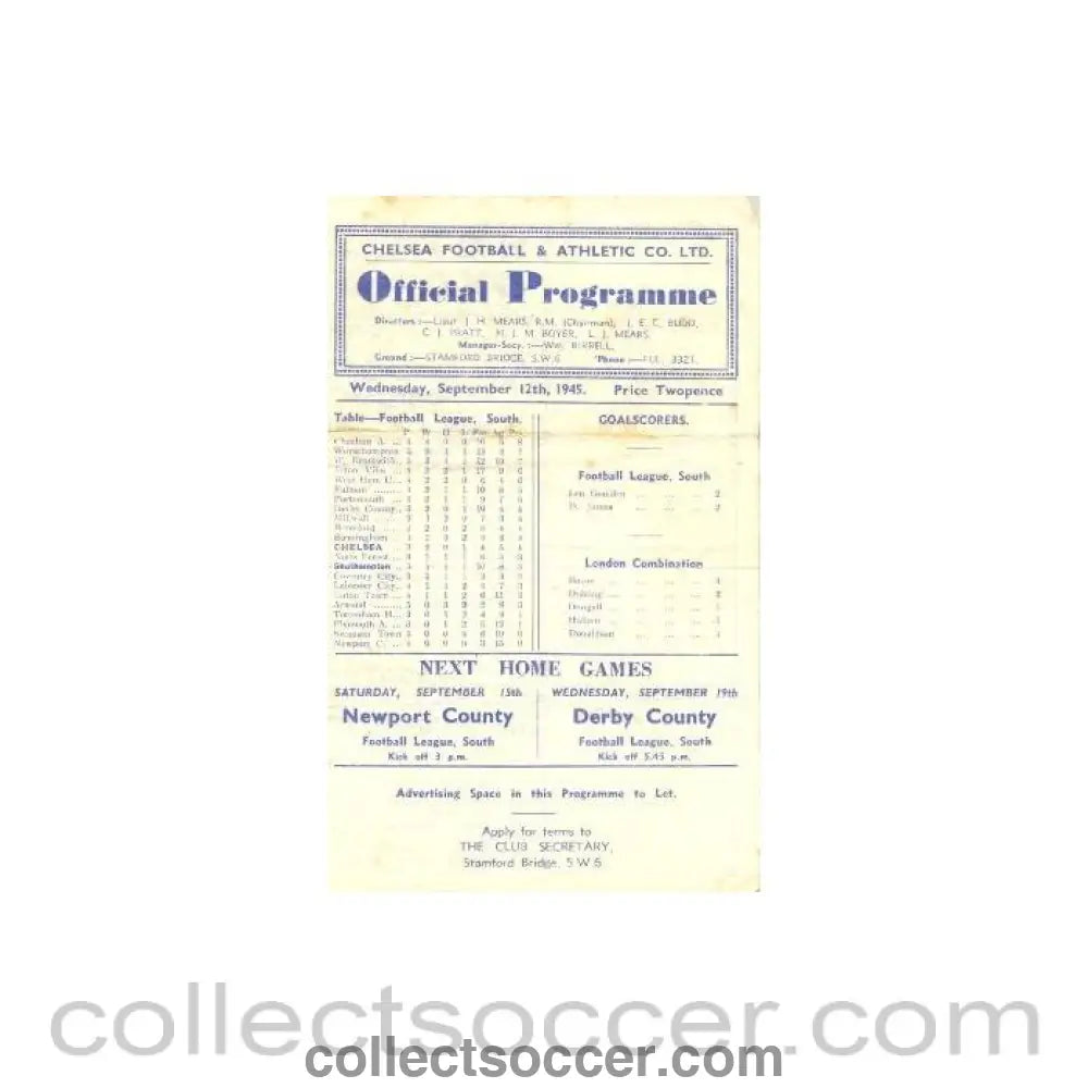 1945 - Chelsea v Southampton official programme 12/09/1945