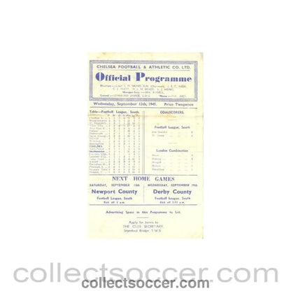 1945 - Chelsea v Southampton official programme 12/09/1945