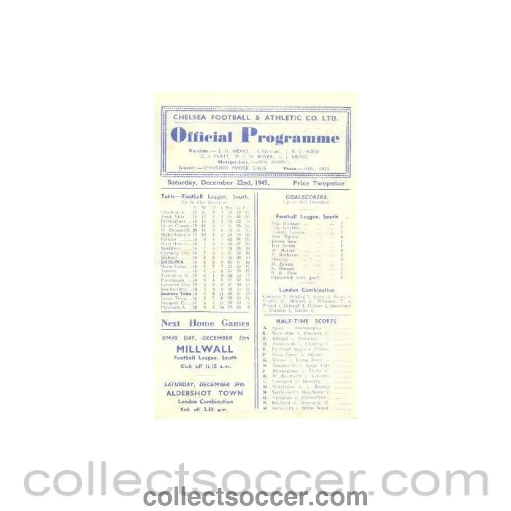 1945 - Chelsea v Swansea Town official programme 22/12/1945 - Collect Soccer