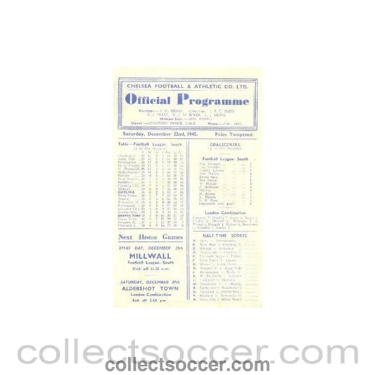 1945 - Chelsea v Swansea Town official programme 22/12/1945