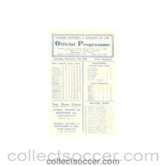 1945 - Chelsea v Tottenham Hotspur official programme 17/11/1945 - Collect Soccer