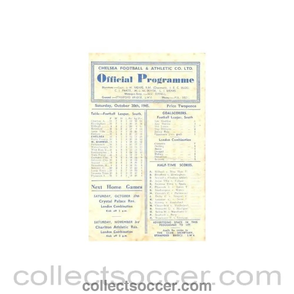 1945 - Chelsea v West Bromwich Albion official programme 20/10/1945