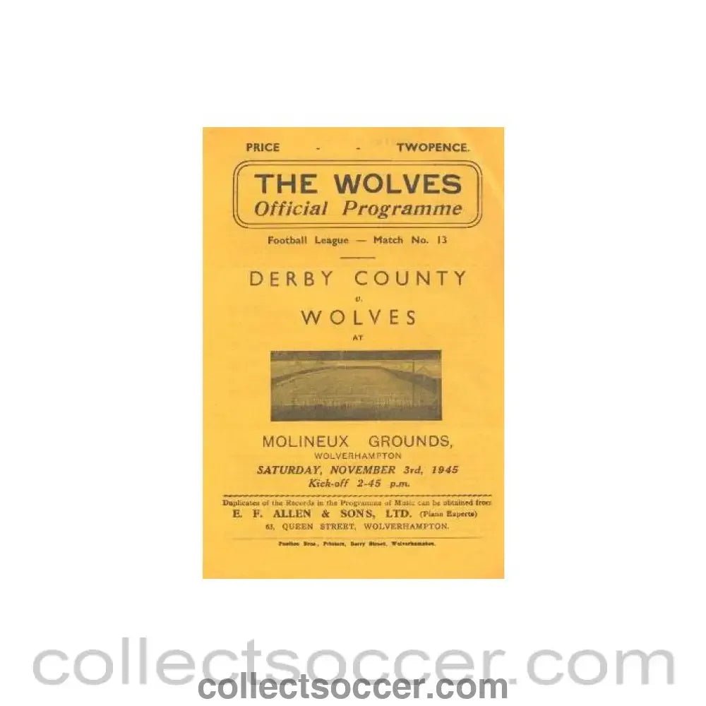 1945 - Derby County v Wolverhampton Wanderers official programme 03/11/1945 - Collect Soccer