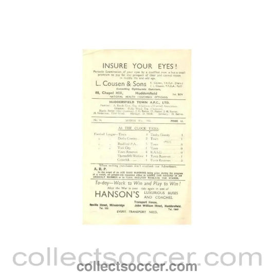 1945 - Huddersfield Town v York City official programme 31/03/1945 - Collect Soccer