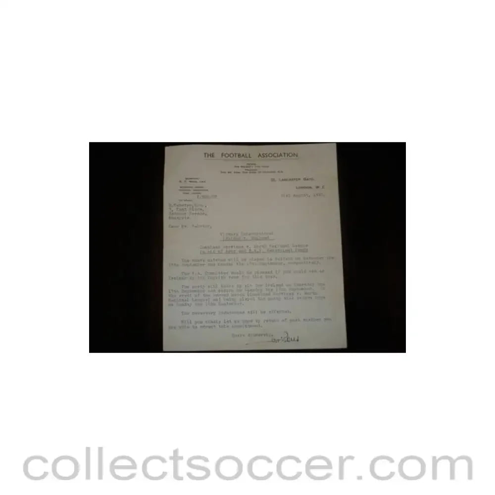 1945 - Ireland v England letter 21/08/1945