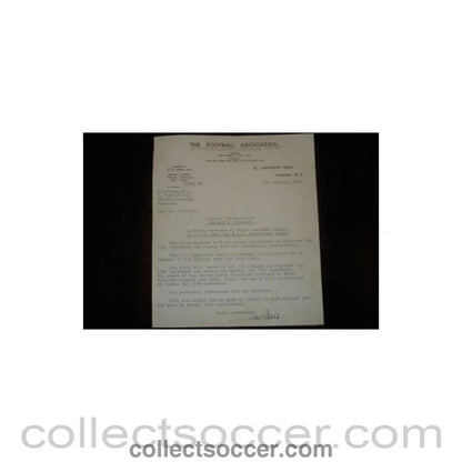 1945 - Ireland v England letter 21/08/1945 - Collect Soccer