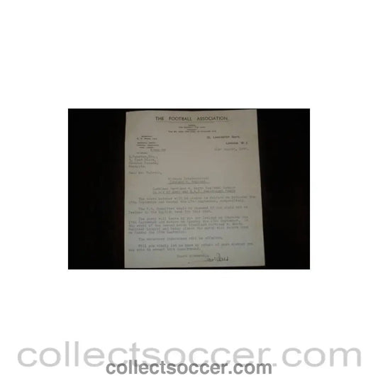 1945 - Ireland v England letter 21/08/1945 - Collect Soccer