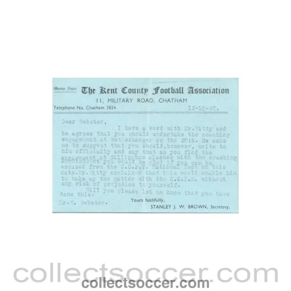 1945 - Letter from Kent County Football Association to Webster of 12/10/1945 - Collect Soccer
