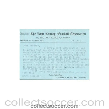 1945 - Letter from Kent County Football Association to Webster of 12/10/1945 - Collect Soccer