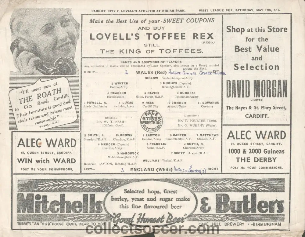 1945 Played at Cardiff City Wales v England Football Programme