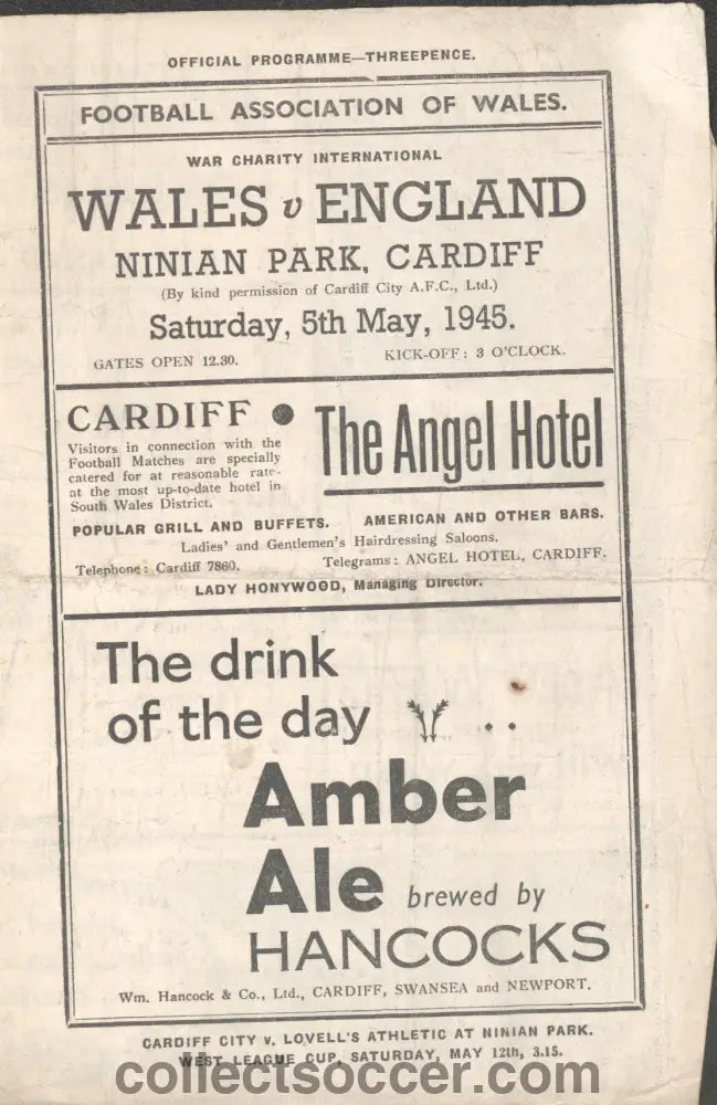 1945 Played at Cardiff City Wales v England Football Programme