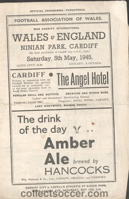 1945 Played at Cardiff City Wales v England Football Programme