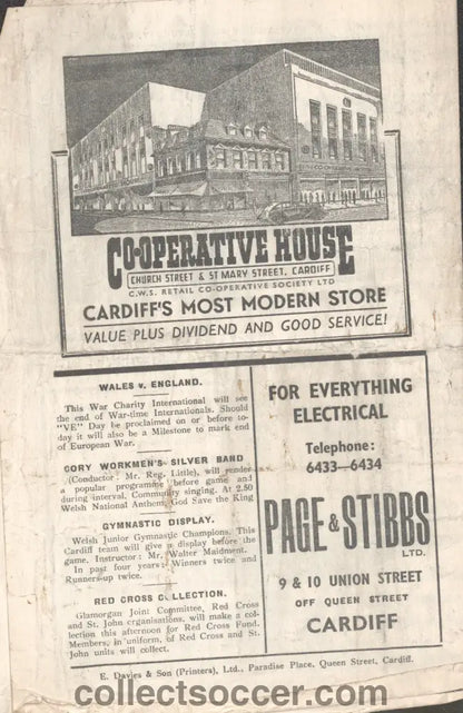 1945 Played at Cardiff City Wales v England Football Programme