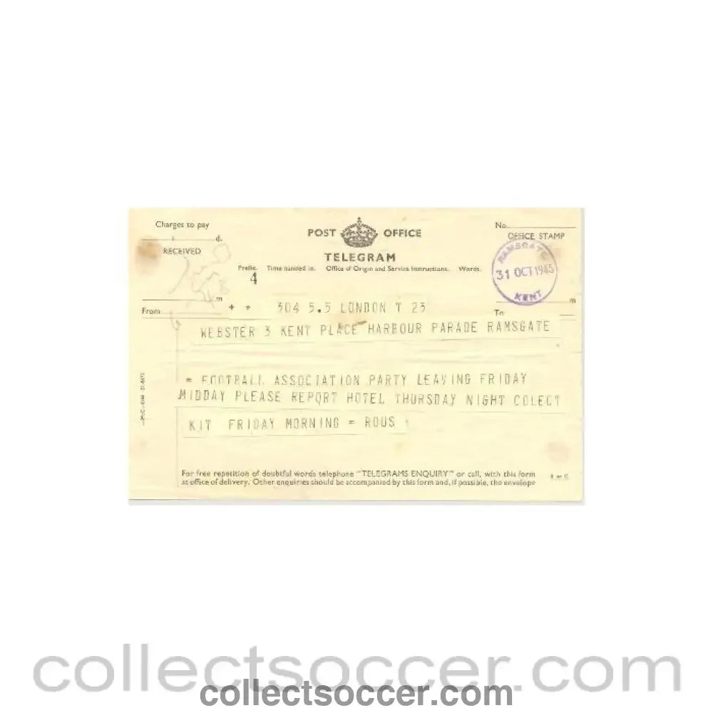 1945 - Telegram about a Football Association party of 31/10/1945