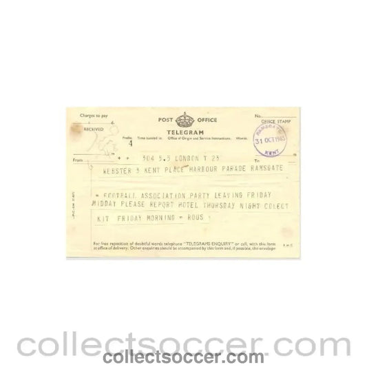 1945 - Telegram about a Football Association party of 31/10/1945 - Collect Soccer