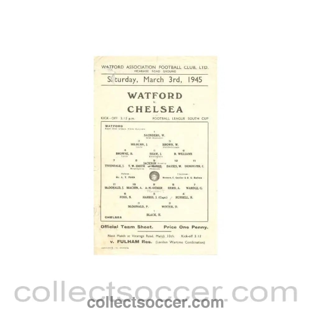 1945 - Watford vChelsea official programme 03/03/1945 - Collect Soccer