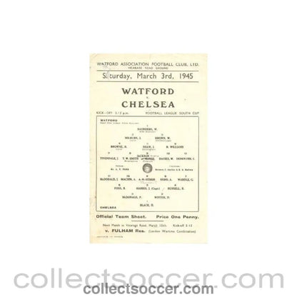 1945 - Watford vChelsea official programme 03/03/1945 - Collect Soccer
