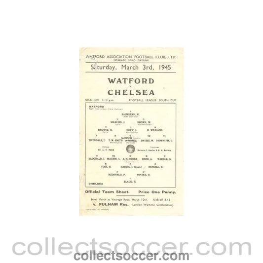 1945 - Watford vChelsea official programme 03/03/1945