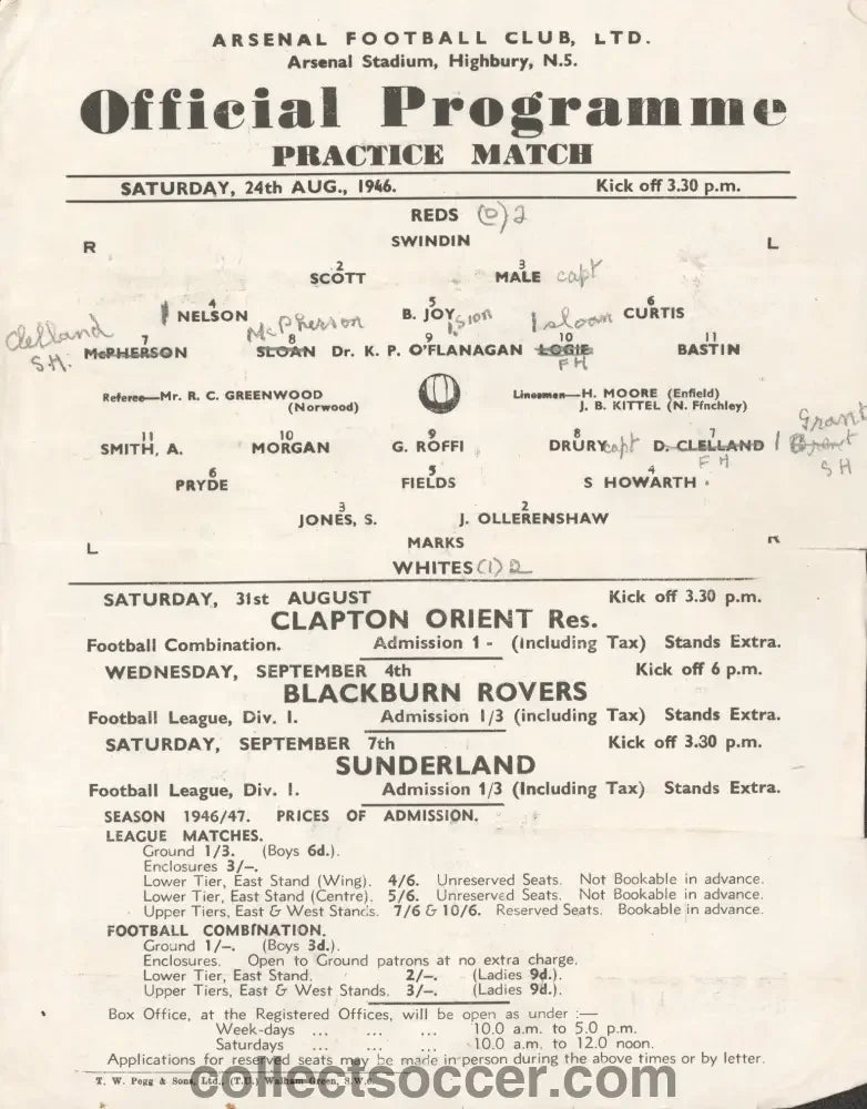 1946 Arsenal Rare Practice Match Programme Reds v Whites - Collect Soccer