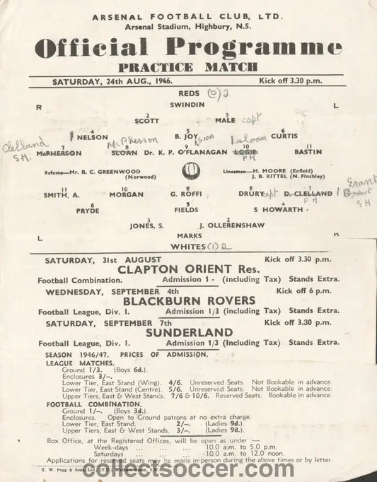 1946 Arsenal Rare Practice Match Programme Reds v Whites - Collect Soccer