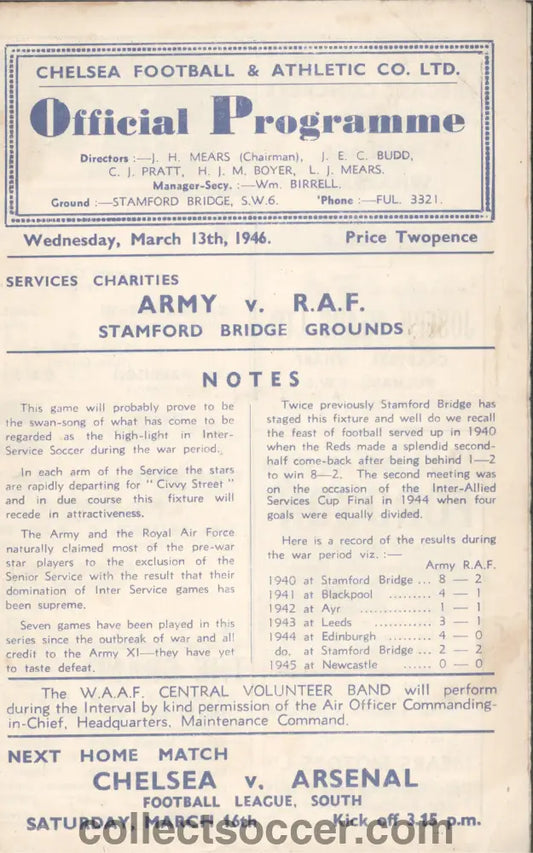 1946 At Chelsea Army v R.A.F Official Programme 13/3/1946 inc Stanley Matthews
