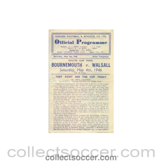 1946 - At Chelsea Bournemouth v Walsall South Cup Final official programme 04/05/1946