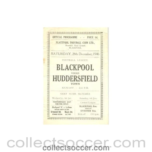 1946 - Blackpool v Huddersfield official programme 28/12/1946