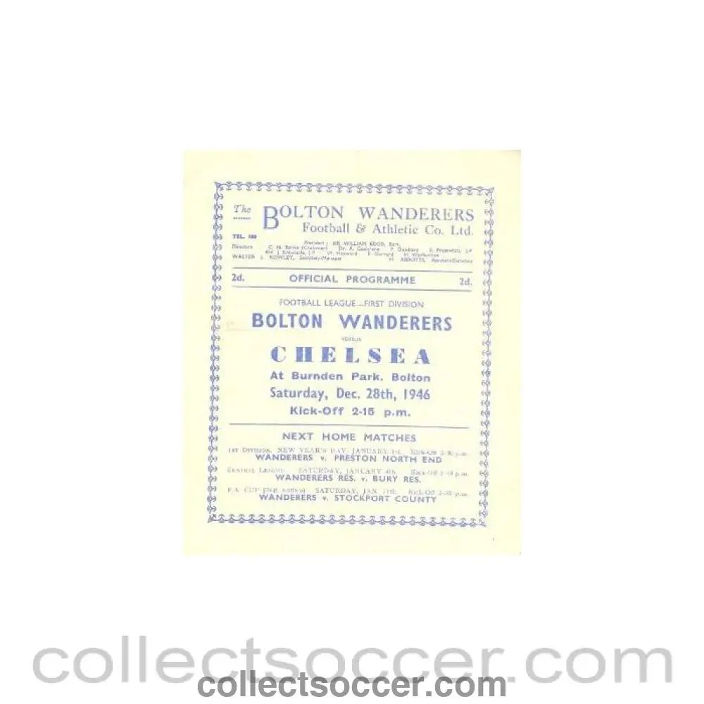 1946 - Bolton vChelsea official programme 28/12/1946 - Collect Soccer