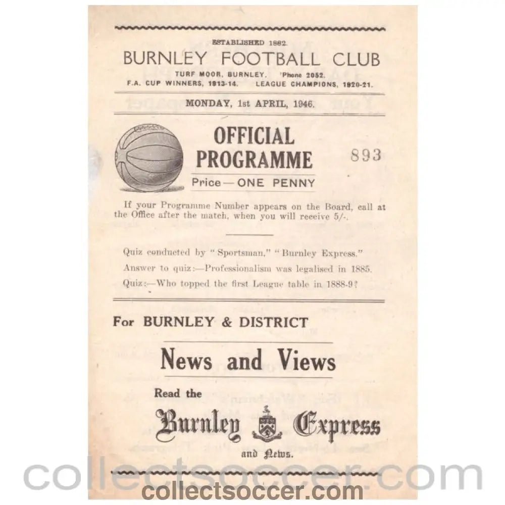 1946 Burnley v Stoke Football Programme - Collect Soccer