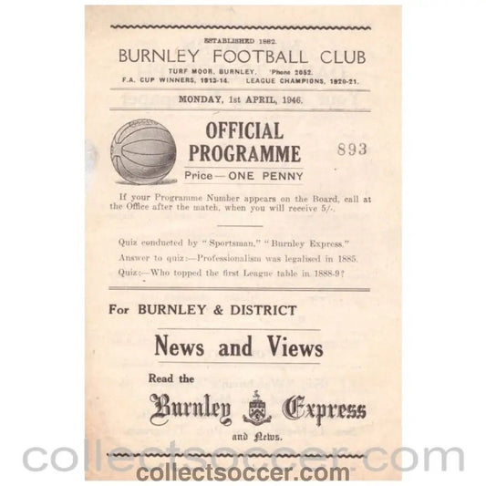 1946 Burnley v Stoke Football Programme - Collect Soccer