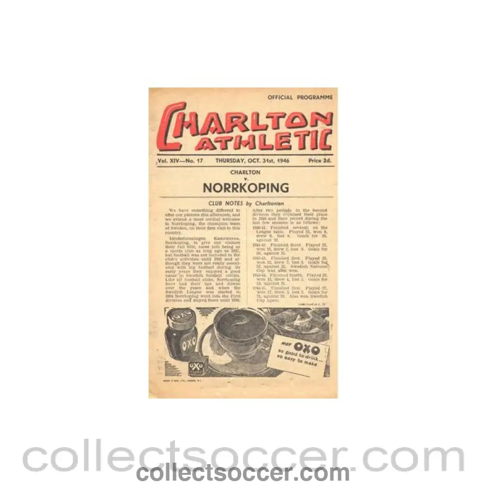 1946 - Charlton Athletic v Norrkoping official programme 31/10/1946