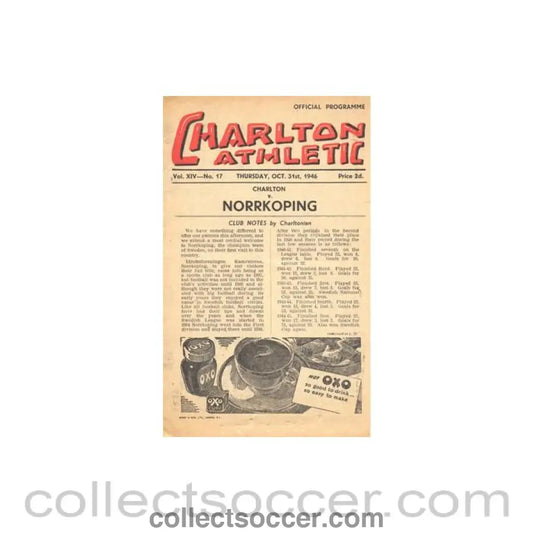 1946 - Charlton Athletic v Norrkoping official programme 31/10/1946
