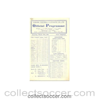 1946 - Chelsea v Arsenal official programme 16/03/1946 - Collect Soccer