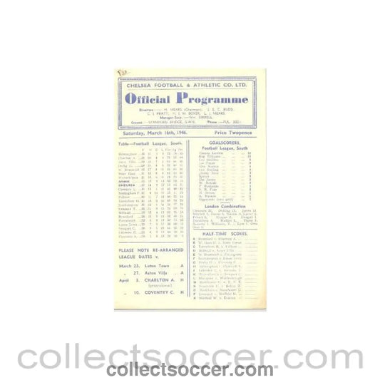 1946 - Chelsea v Arsenal official programme 16/03/1946