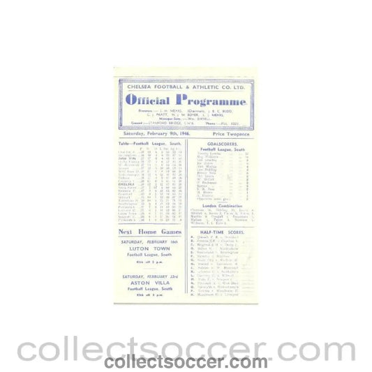 1946 - Chelsea v Aston Villa official programme 09/02/1946 - Collect Soccer