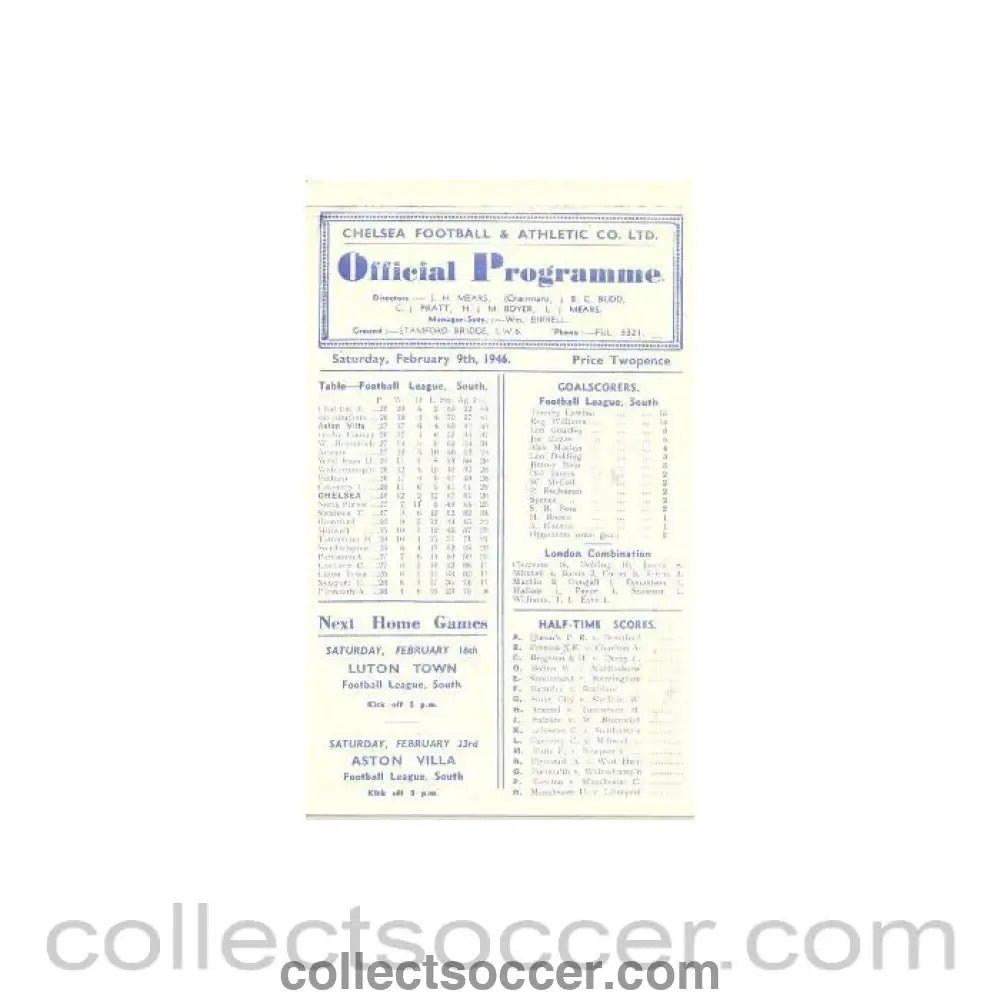 1946 - Chelsea v Aston Villa official programme 09/02/1946 - Collect Soccer