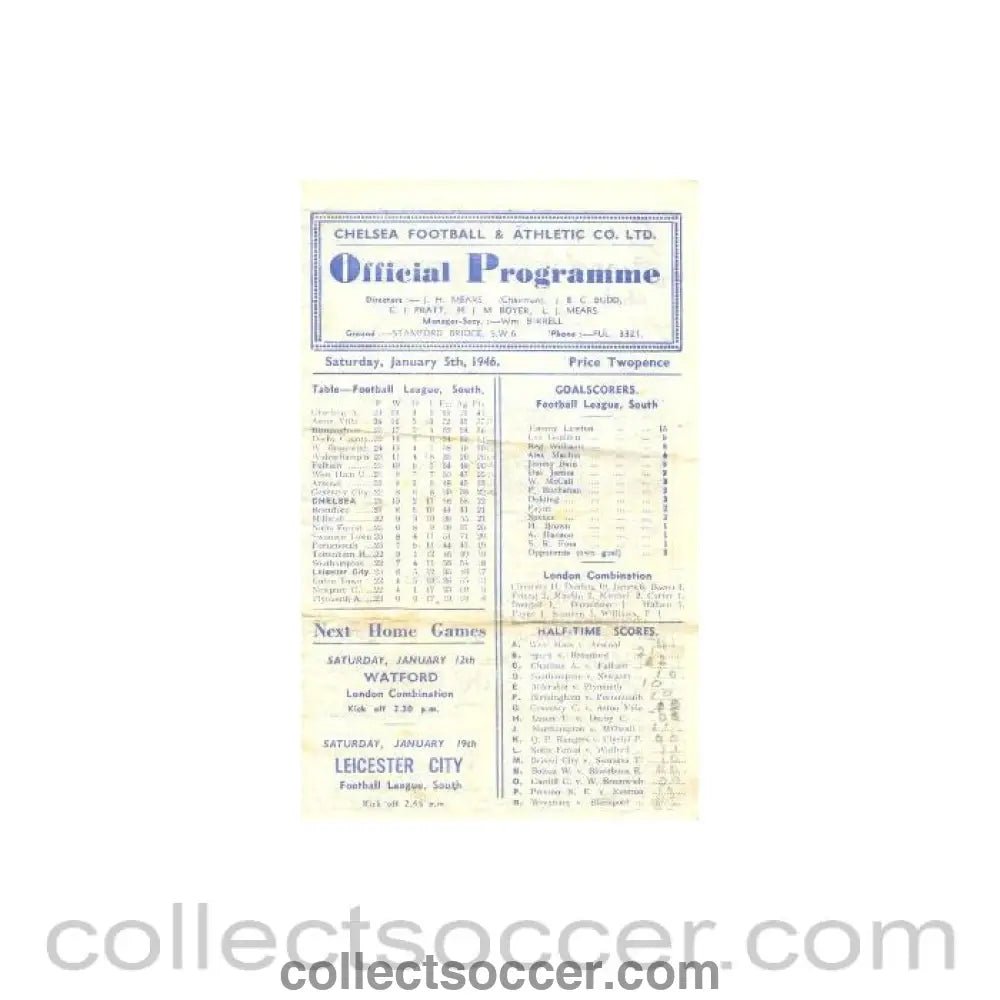 1946 - Chelsea v Leicester City official programme 05/01/1946 - Collect Soccer