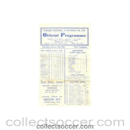 1946 - Chelsea v Leicester City official programme 05/01/1946 - Collect Soccer