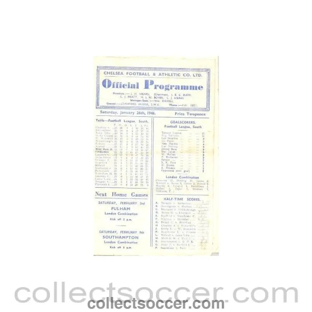 1946 - Chelsea v West Ham United official programme 26/01/1946 - Collect Soccer
