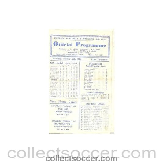 1946 - Chelsea v West Ham United official programme 26/01/1946